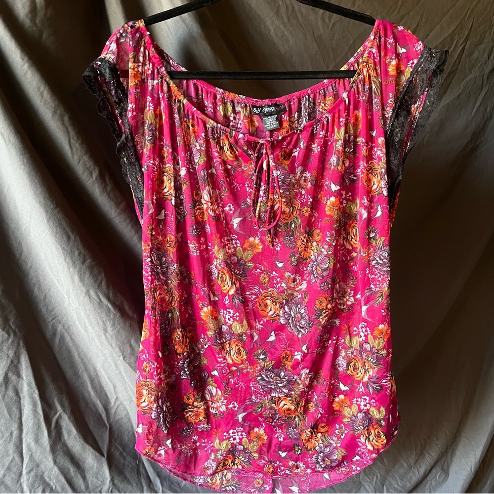 Self Esteem Womens Size M Sheer Floral Top Short Sleeve Lace Y2K Whimsigoth